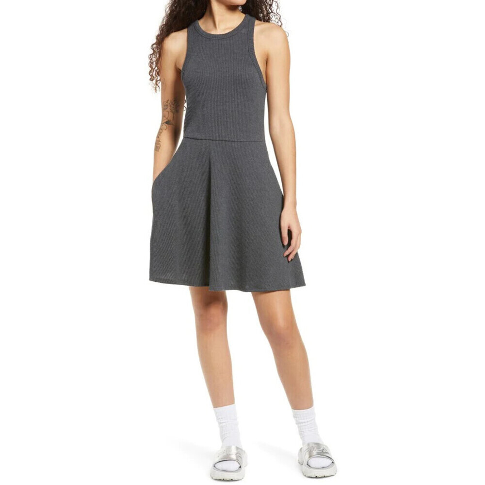 BP. Sleeveless Rib Scoop Neck Tank Mini Dress Grey Charcoal Heather Size S